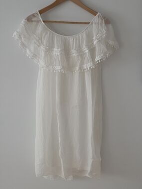 Silk White Off-Shoulder Ruffle Summer Dress Or Cover Up
